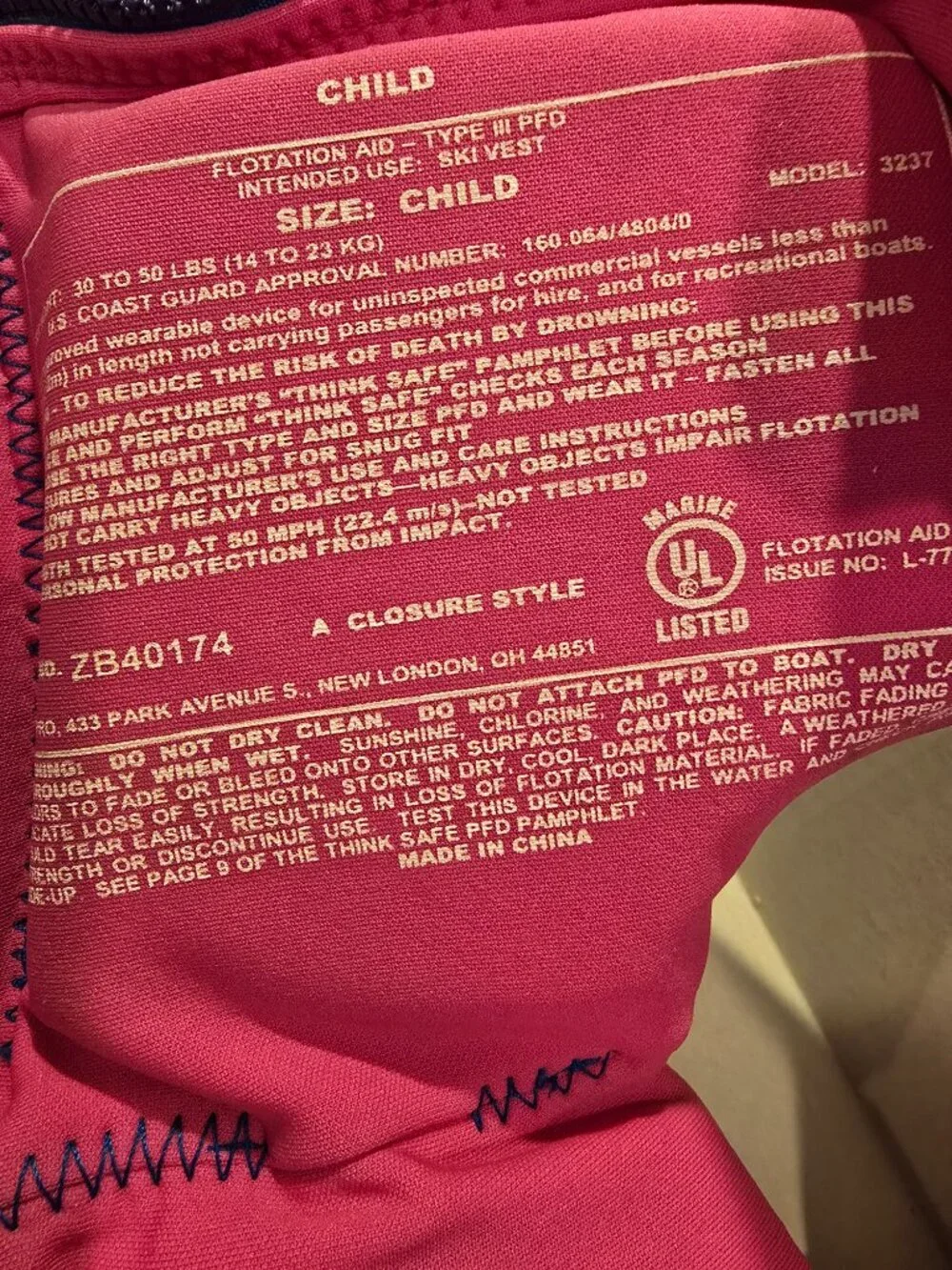 Hyperlite Indy Child Life Vest Pink USCG Approved 30-50 lb. Child Light Wear